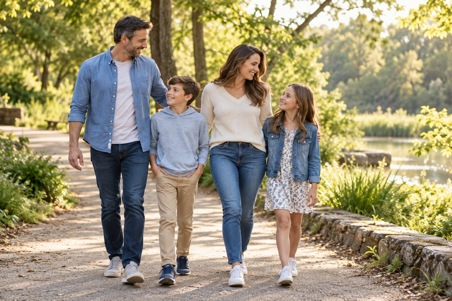 A family enjoying a walk together in a leafy park