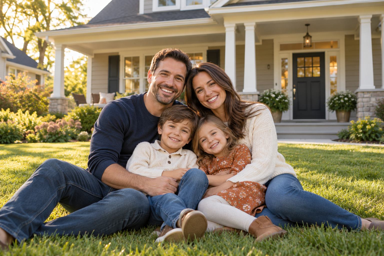 A family sitting together on the lawn in front of their home